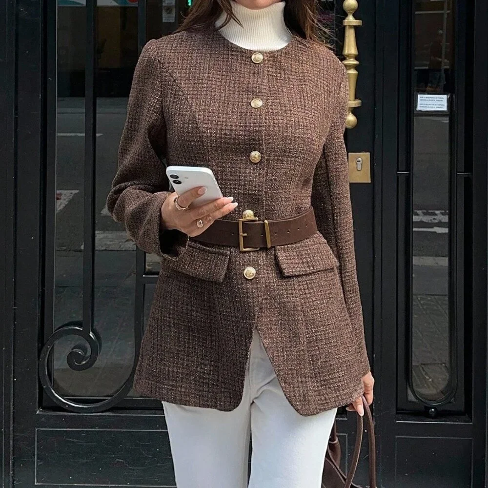 Khaki Elegant Women's Round Neck Fitted Plaid Tweed Blazer